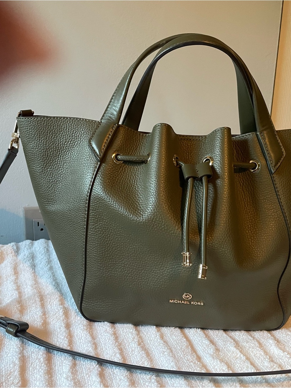 Michael Kors Olive Drawstring Pebbled Leather Tote
